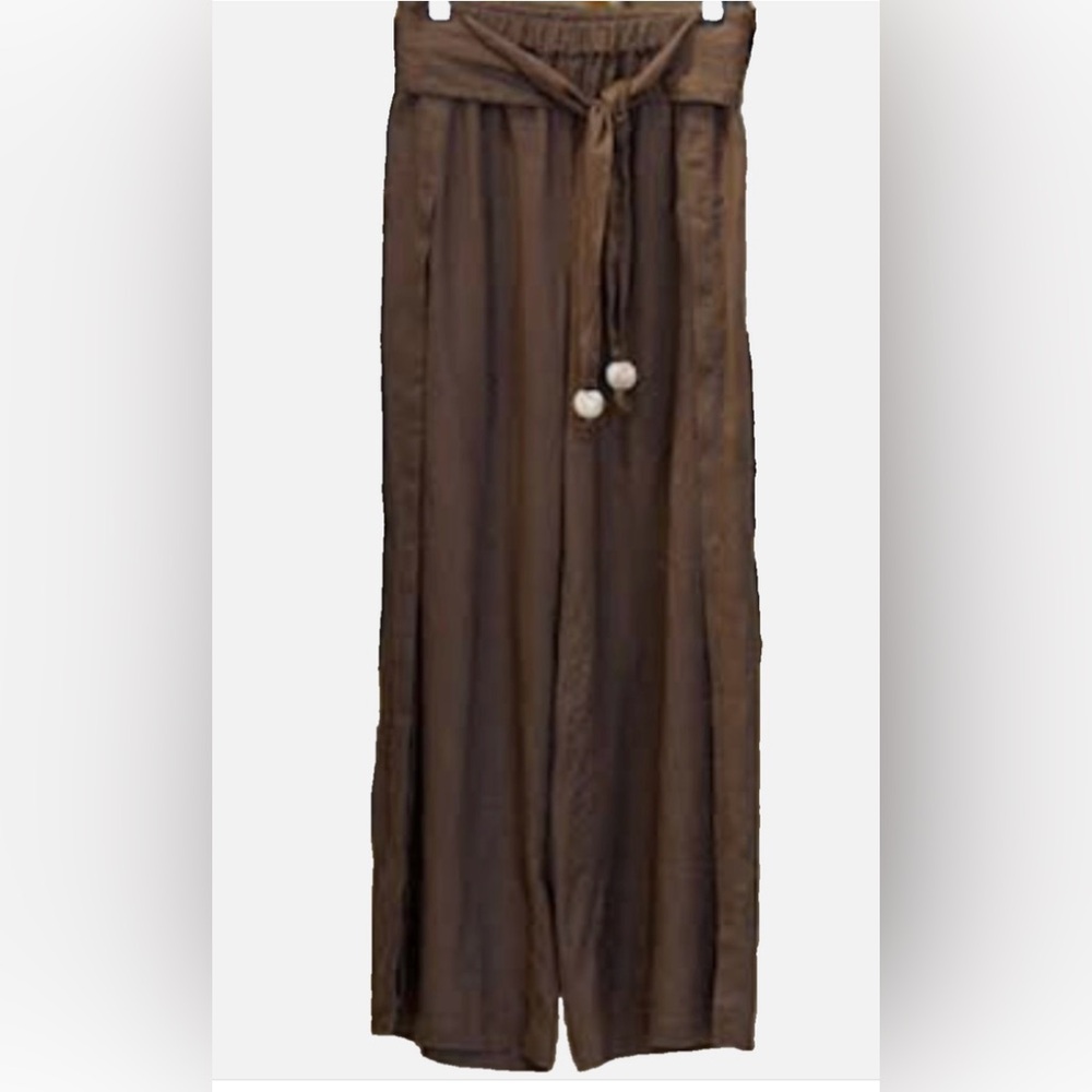 $113 ELAN Tie Side Linen Wide-Leg Swim Cover Up Pants in Brown Size Small